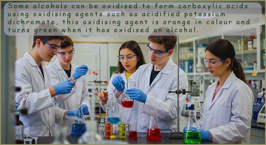 Students working on a practical activity in the lab, it is possible to oxidise some alcohols using an oxidising agent such as acidified potassium dichromate.